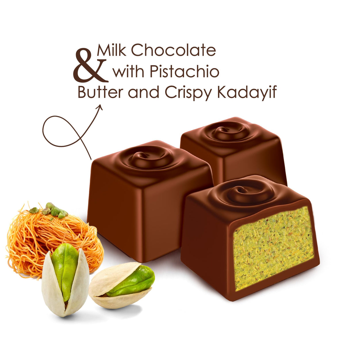 Fiorella Dubai Style Milk Chocolate Pistachio Squares – 24 Count Box