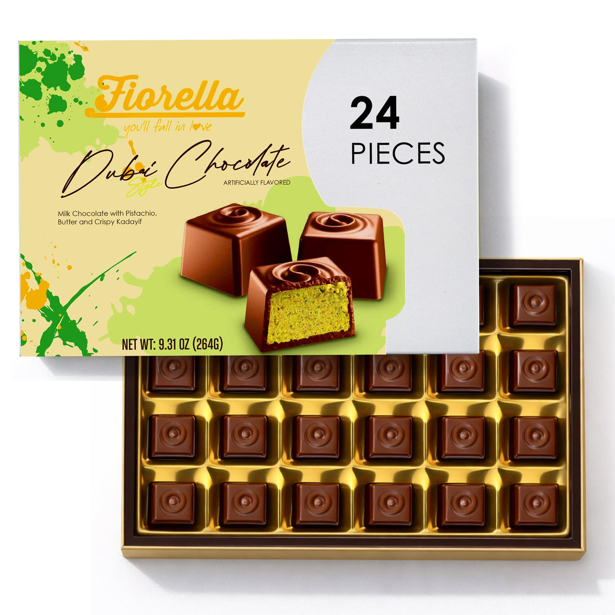 Fiorella Dubai Style Milk Chocolate Pistachio Squares – 24 Count Box