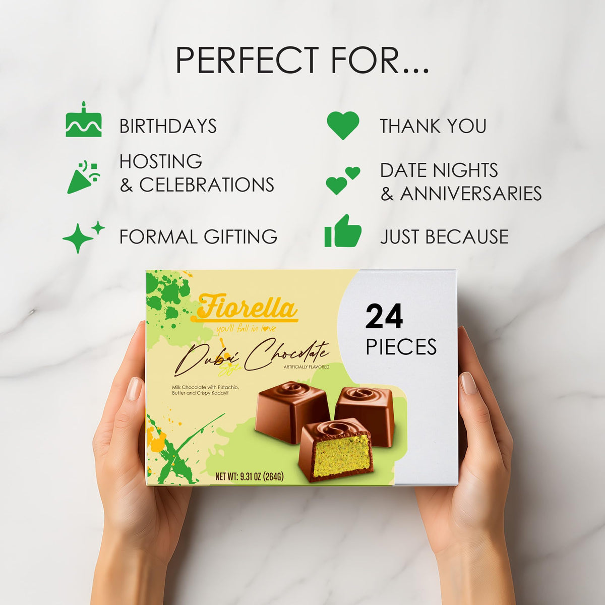 Fiorella Dubai Style Milk Chocolate Pistachio Squares – 24 Count Box