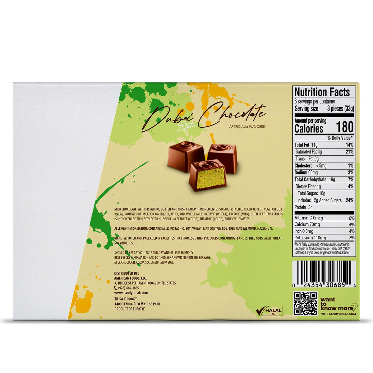 Fiorella Dubai Style Milk Chocolate Pistachio Squares – 24 Count Box