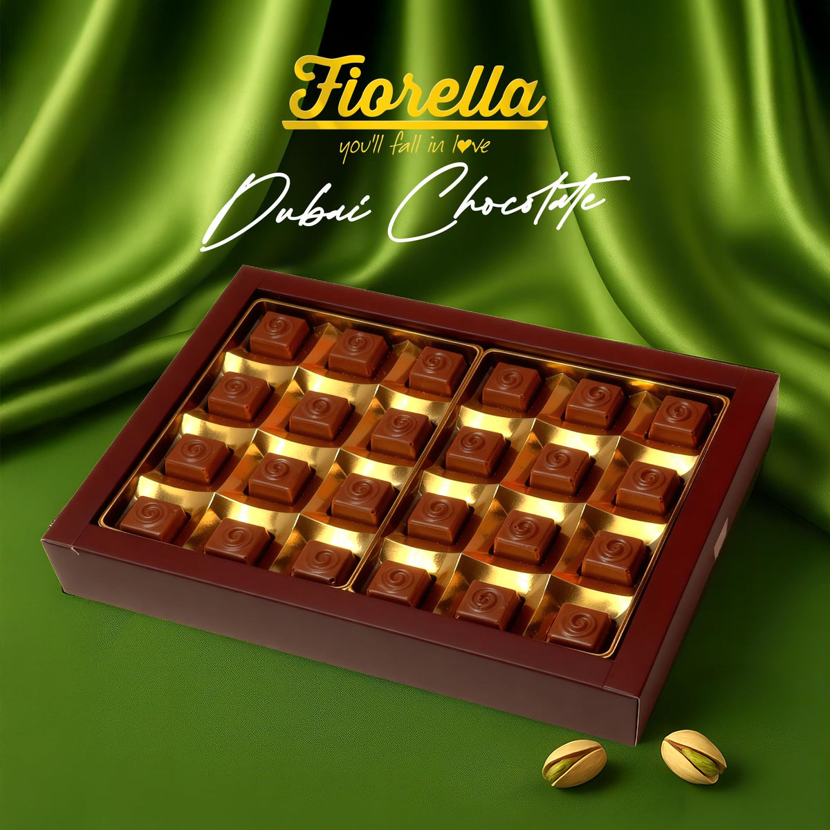 Fiorella Dubai Style Milk Chocolate Pistachio Squares – 24 Count Box