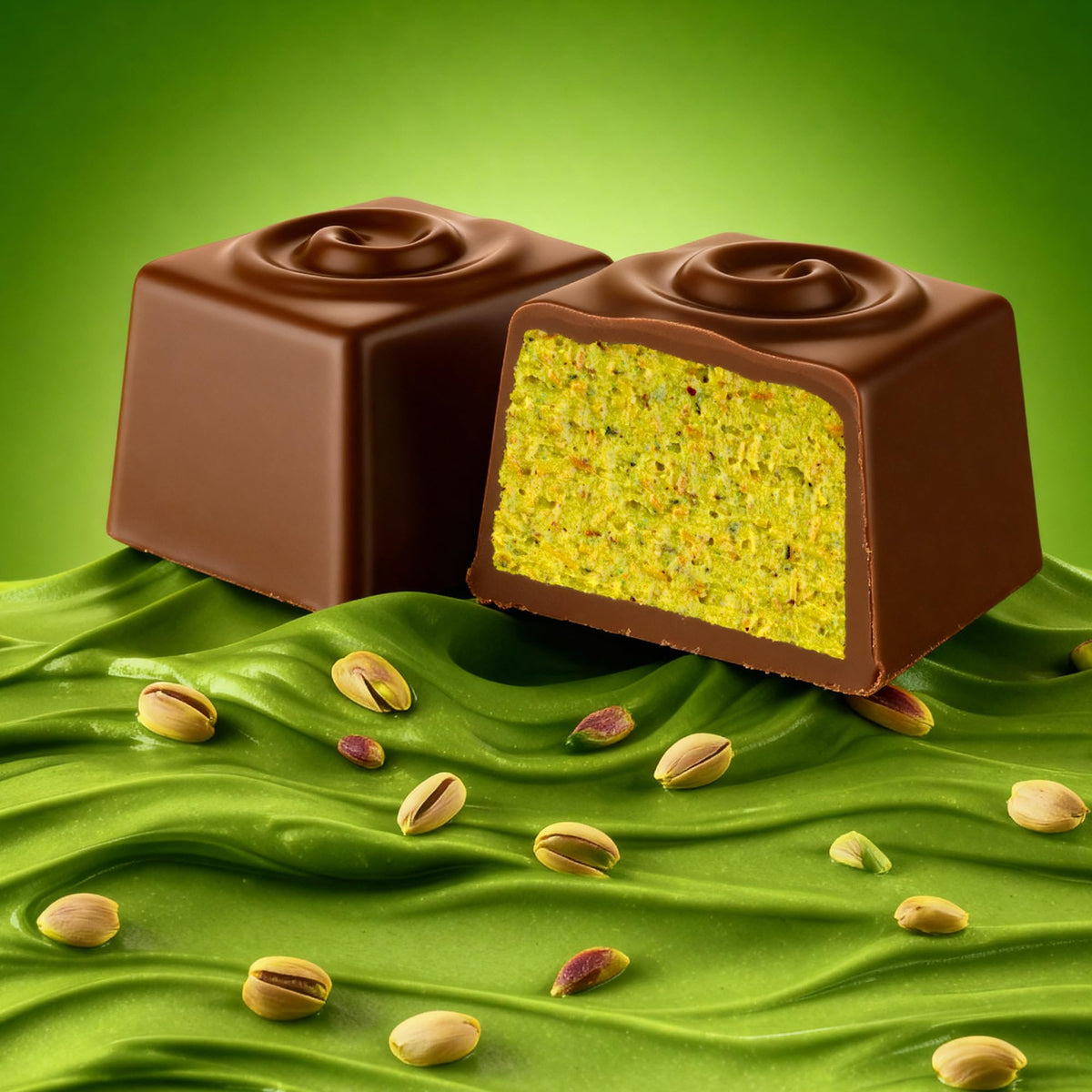 Fiorella Dubai Style Milk Chocolate Pistachio Squares – 24 Count Box