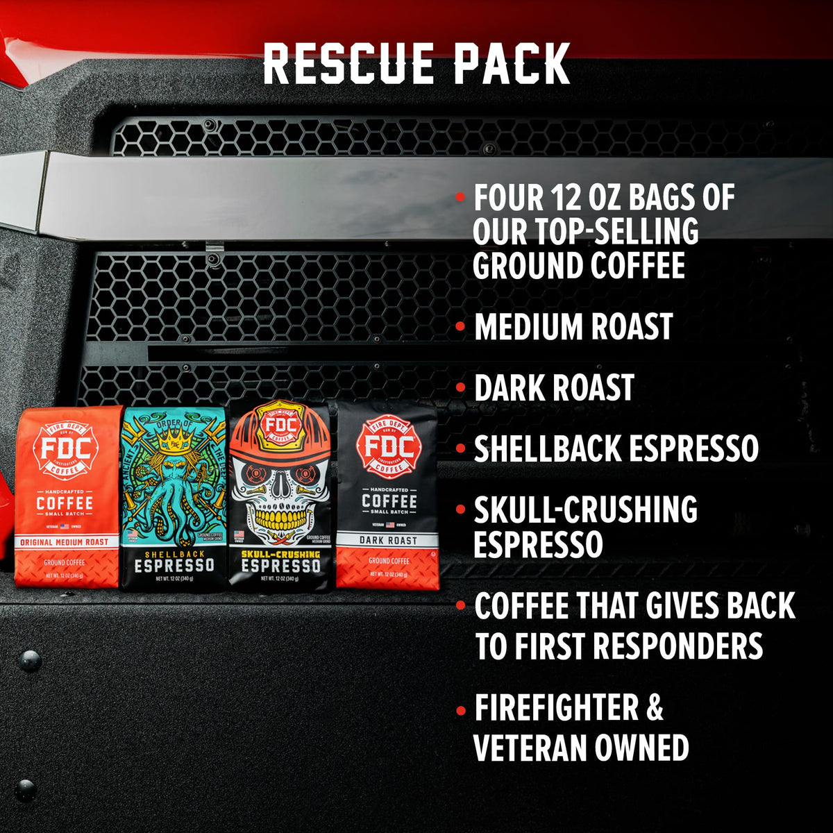 Fire Department Coffee Rescue Variety Pack – Ground Coffee (4 x 12 oz) – Veteran-Owned