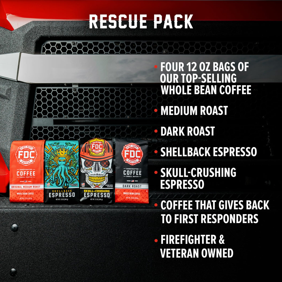 Fire Department Coffee Rescue Variety Pack – 4x12oz Whole Bean (Medium, Dark, Shellback Espresso, Skull Crushing Espresso) – Veteran-Owned