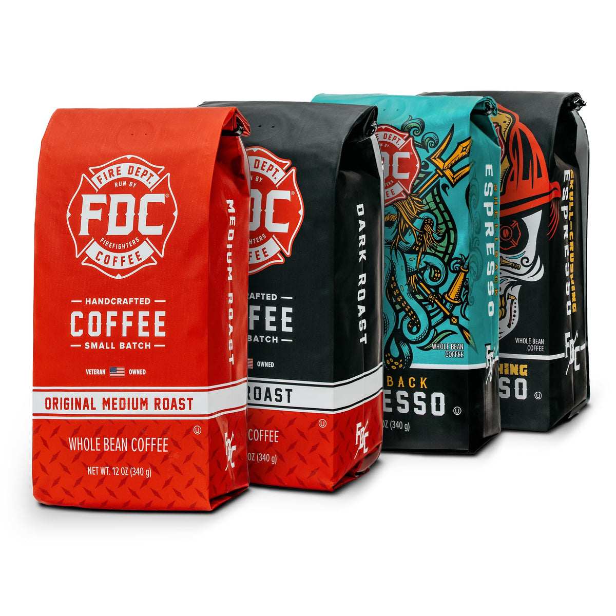 Fire Department Coffee Rescue Variety Pack – 4x12oz Whole Bean (Medium, Dark, Shellback Espresso, Skull Crushing Espresso) – Veteran-Owned