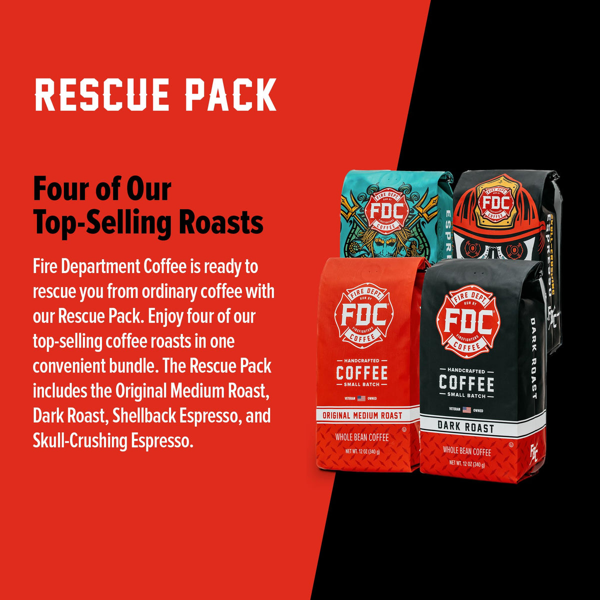 Fire Department Coffee Rescue Variety Pack – 4x12oz Whole Bean (Medium, Dark, Shellback Espresso, Skull Crushing Espresso) – Veteran-Owned