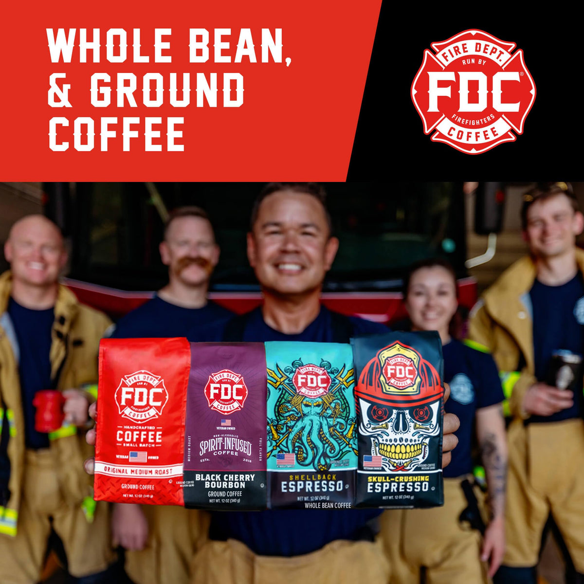 Fire Department Coffee Rescue Variety Pack – 4x12oz Whole Bean (Medium, Dark, Shellback Espresso, Skull Crushing Espresso) – Veteran-Owned