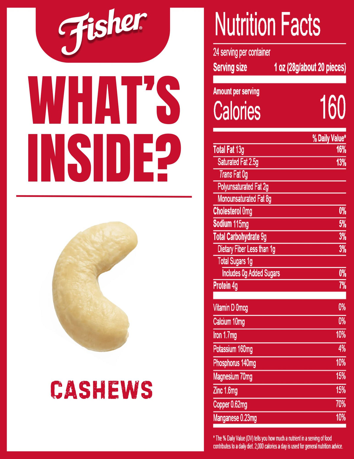Fisher Oven Roasted Never Fried Whole Cashews — 24 oz, Sea Salt, No Oil