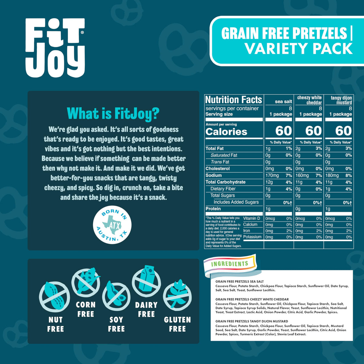 FitJoy Pretzel Variety Pack 24 (0.5 oz) – Tangy Dijon Mustard, Sea Salt & Cheezy White Cheddar | Grain-Free, Dairy/Nut/Gluten Free