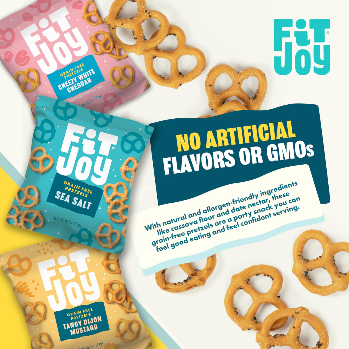 FitJoy Pretzel Variety Pack 24 (0.5 oz) – Tangy Dijon Mustard, Sea Salt & Cheezy White Cheddar | Grain-Free, Dairy/Nut/Gluten Free