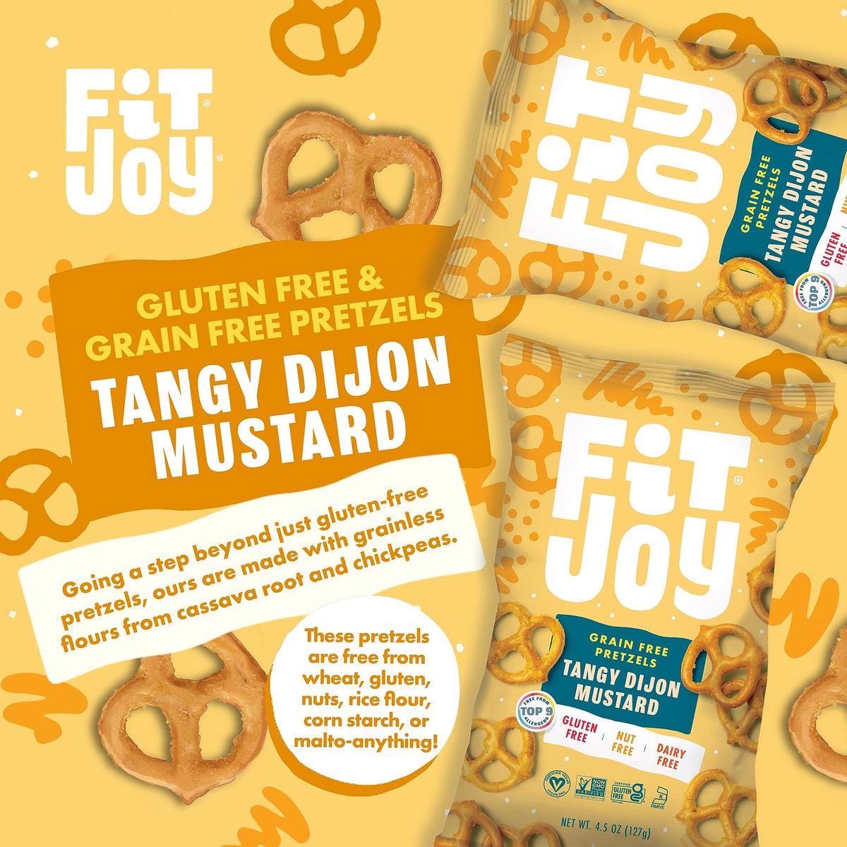 FitJoy Tangy Dijon Mustard Pretzels – Gluten Free, Grain Free Vegan Snack (Pack of 6, 4.5 oz each)