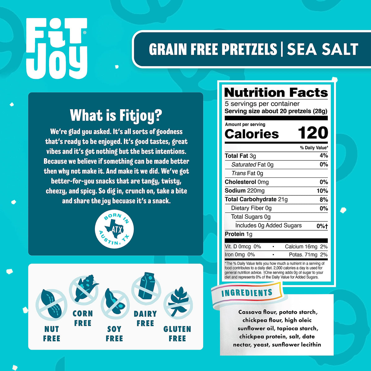 FitJoy Sea Salt Pretzels – Grain-Free Vegan Snack, Dairy, Nut & Gluten Free (Pack of 6 x 5 oz)