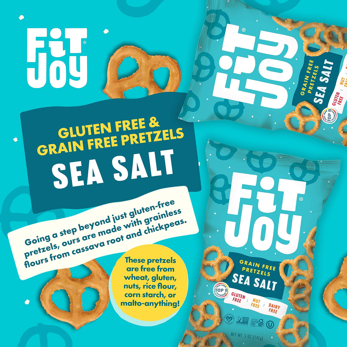 FitJoy Sea Salt Pretzels – Grain-Free Vegan Snack, Dairy, Nut & Gluten Free (Pack of 6 x 5 oz)