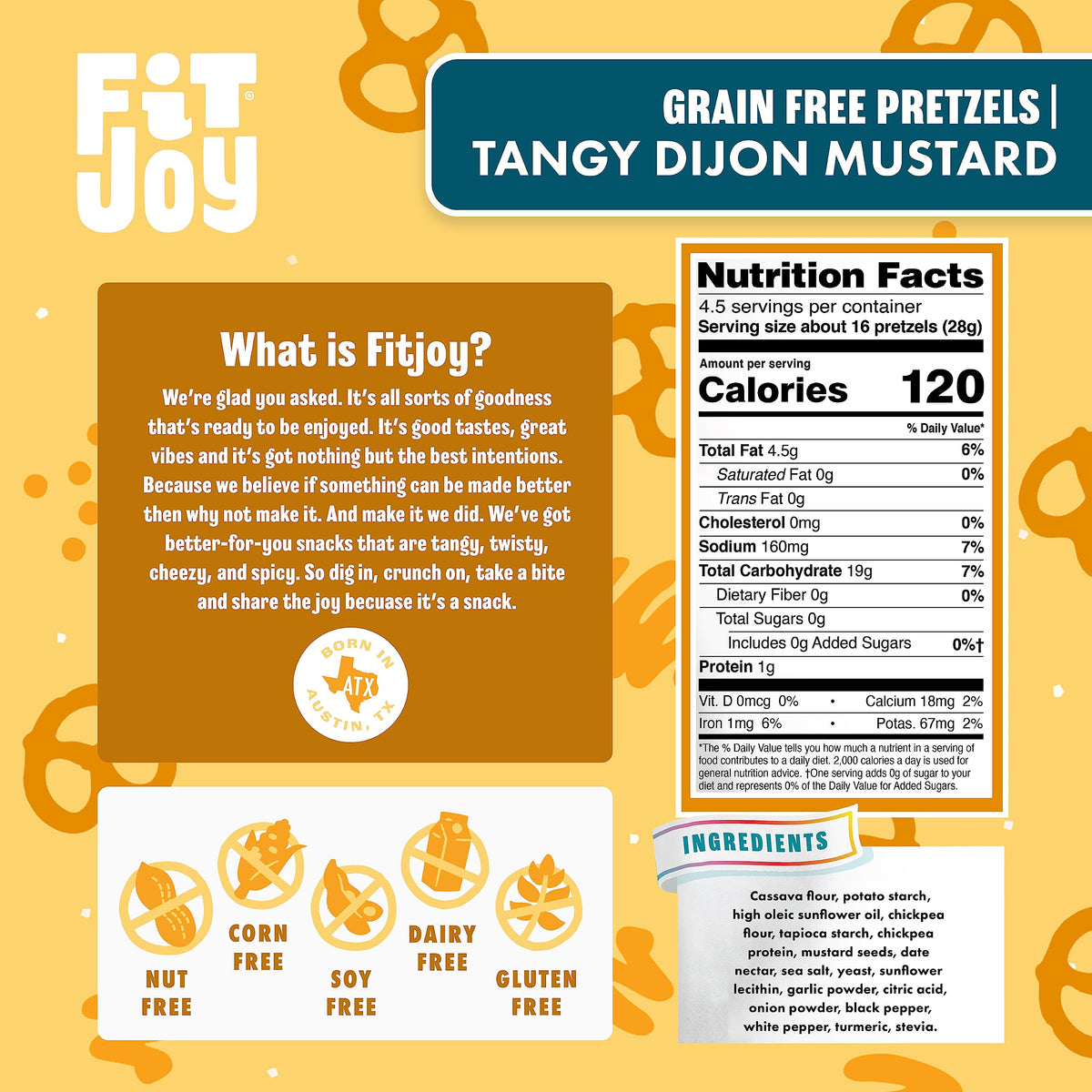 FitJoy Tangy Dijon Mustard Pretzels – Gluten Free, Grain Free Vegan Snack (Pack of 6, 4.5 oz each)