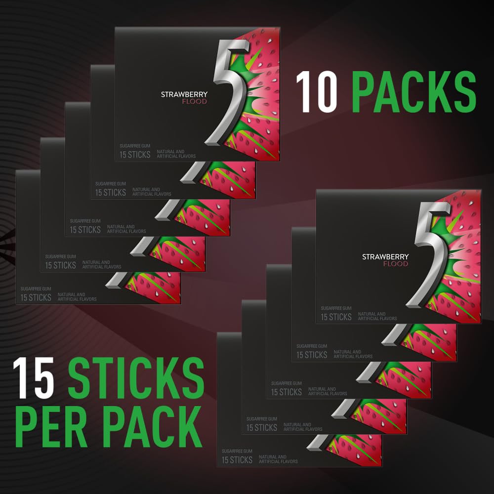 5 GUM Strawberry Flood Sugar Free Chewing Gum – Juicy Fruity Tangy Flavor, 15 Sticks (10 Pack)