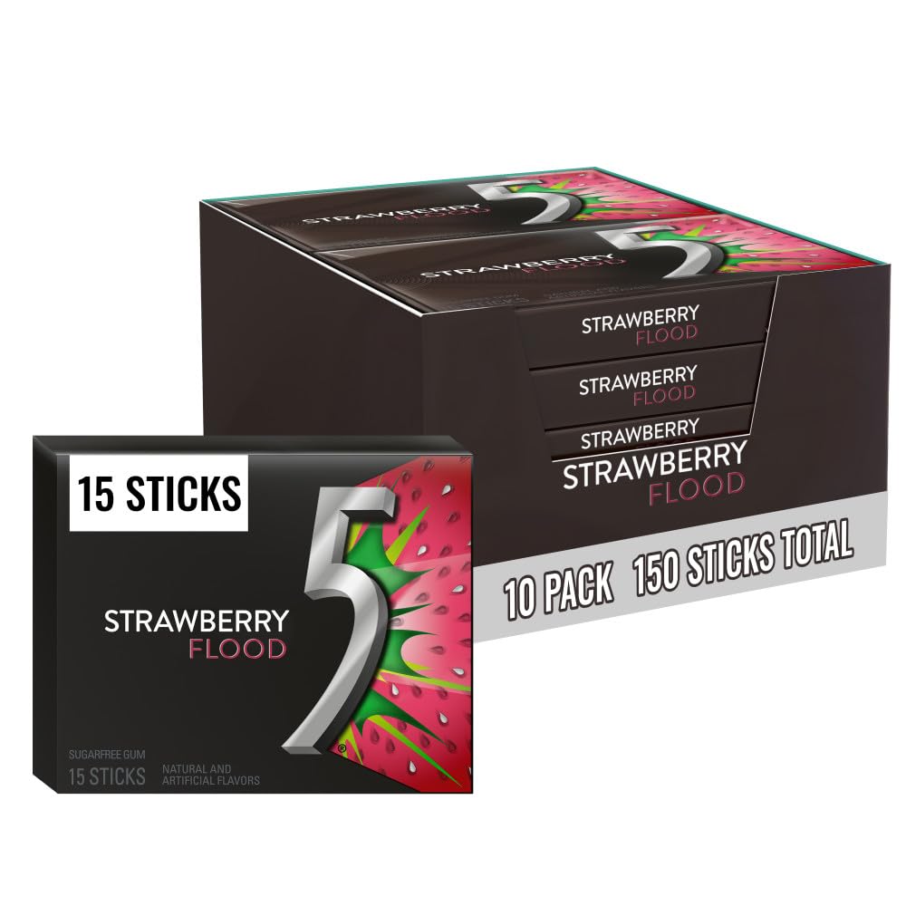 5 GUM Strawberry Flood Sugar Free Chewing Gum – Juicy Fruity Tangy Flavor, 15 Sticks (10 Pack)
