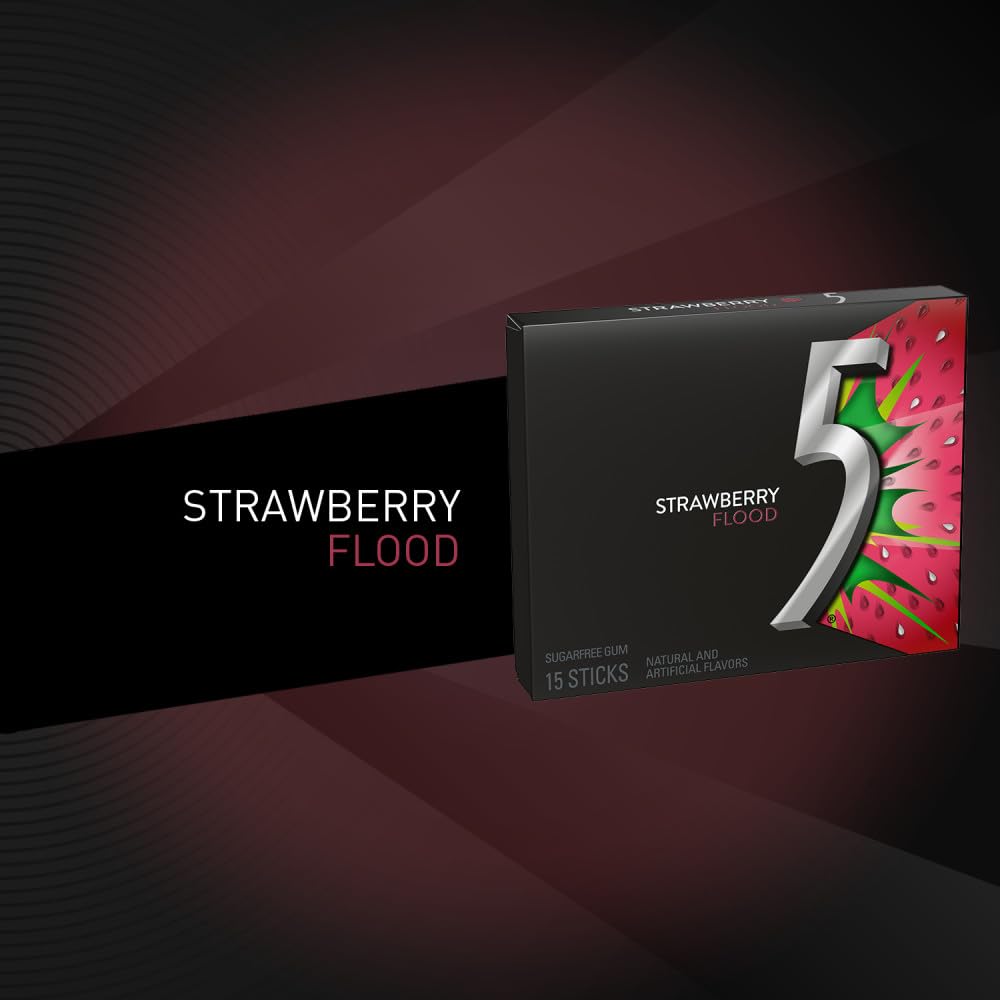 5 GUM Strawberry Flood Sugar Free Chewing Gum – Juicy Fruity Tangy Flavor, 15 Sticks (10 Pack)