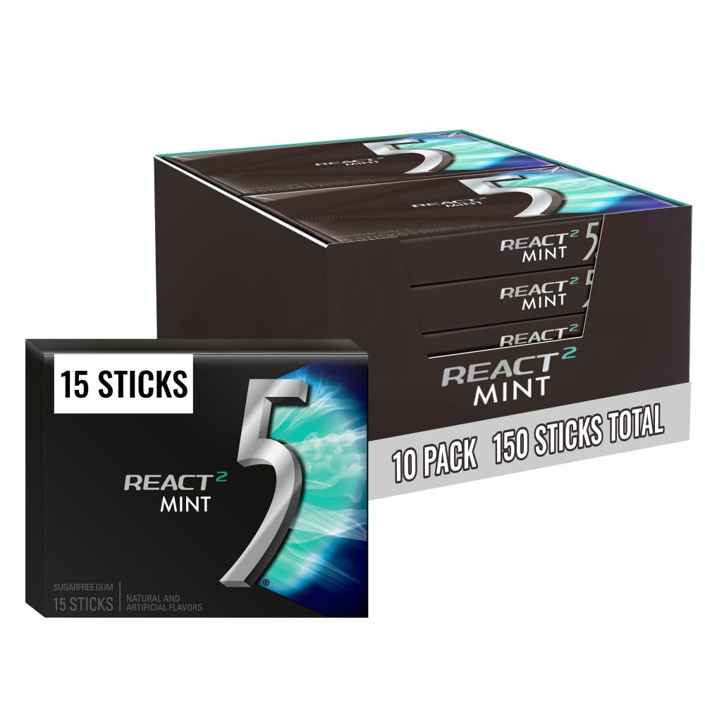 5 GUM React 2 Mint Sugar Free Gum – 15-Stick Pack, 10-Pack