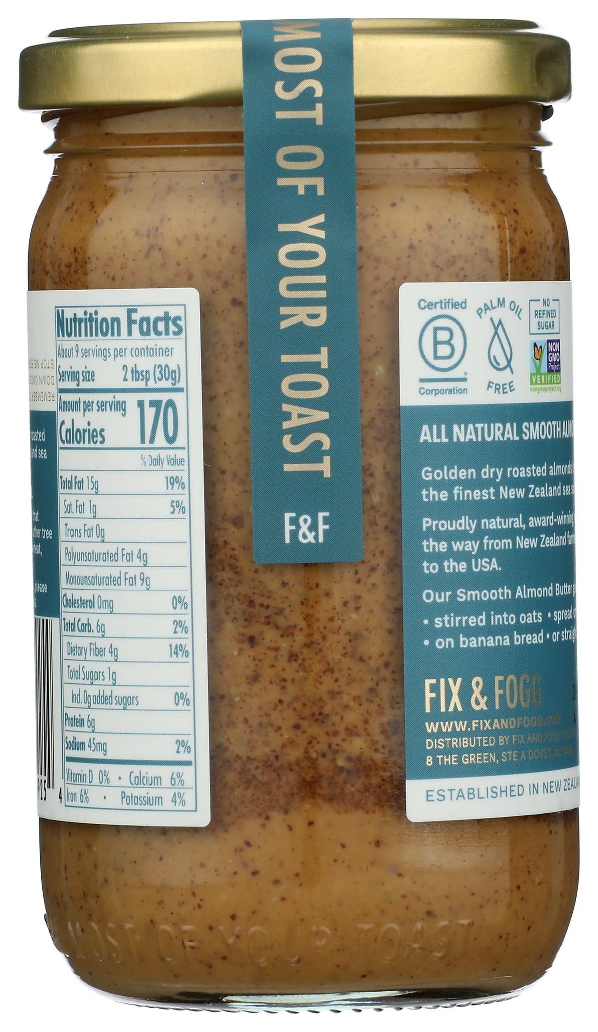 Fix & Fogg Smooth Almond Butter – Palm Oil Free, No Added Sugar, Non-GMO, 10 oz (Pack of 6)