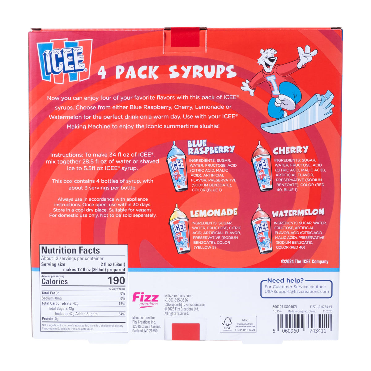 Fizz Creations ICEE 4 Pack Slushie Syrups — Watermelon, Lemonade, Blue Raspberry & Cherry