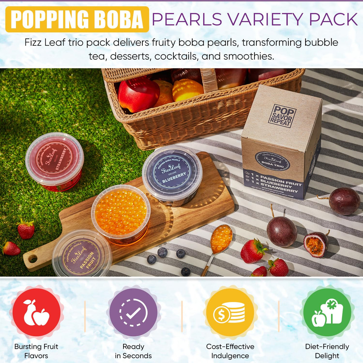 Fizzleaf Popping Boba Pearls Trio – Strawberry, Blueberry & Passion Fruit – 3x490g Pack for Bubble Tea