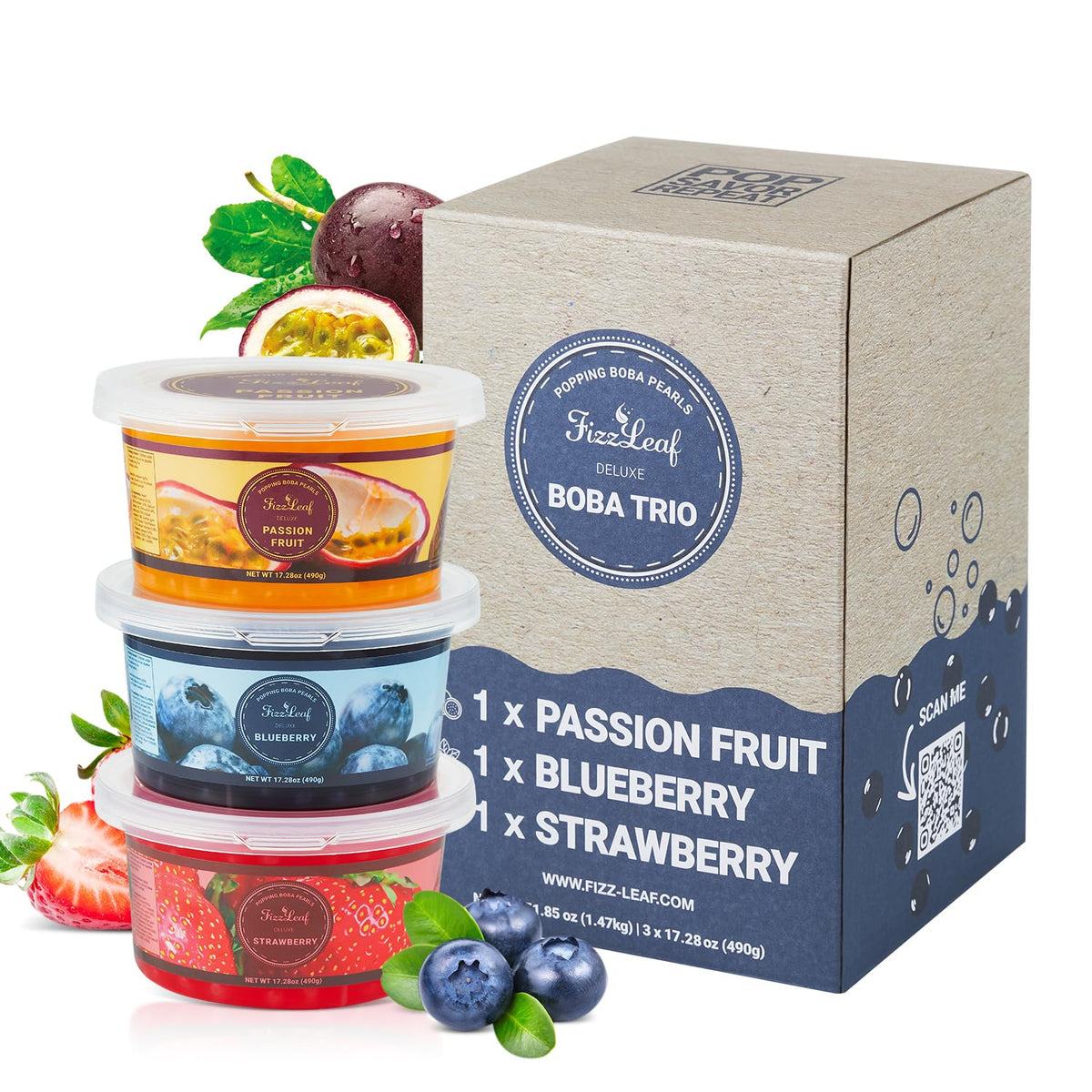 Fizzleaf Popping Boba Pearls Trio – Strawberry, Blueberry & Passion Fruit – 3x490g Pack for Bubble Tea