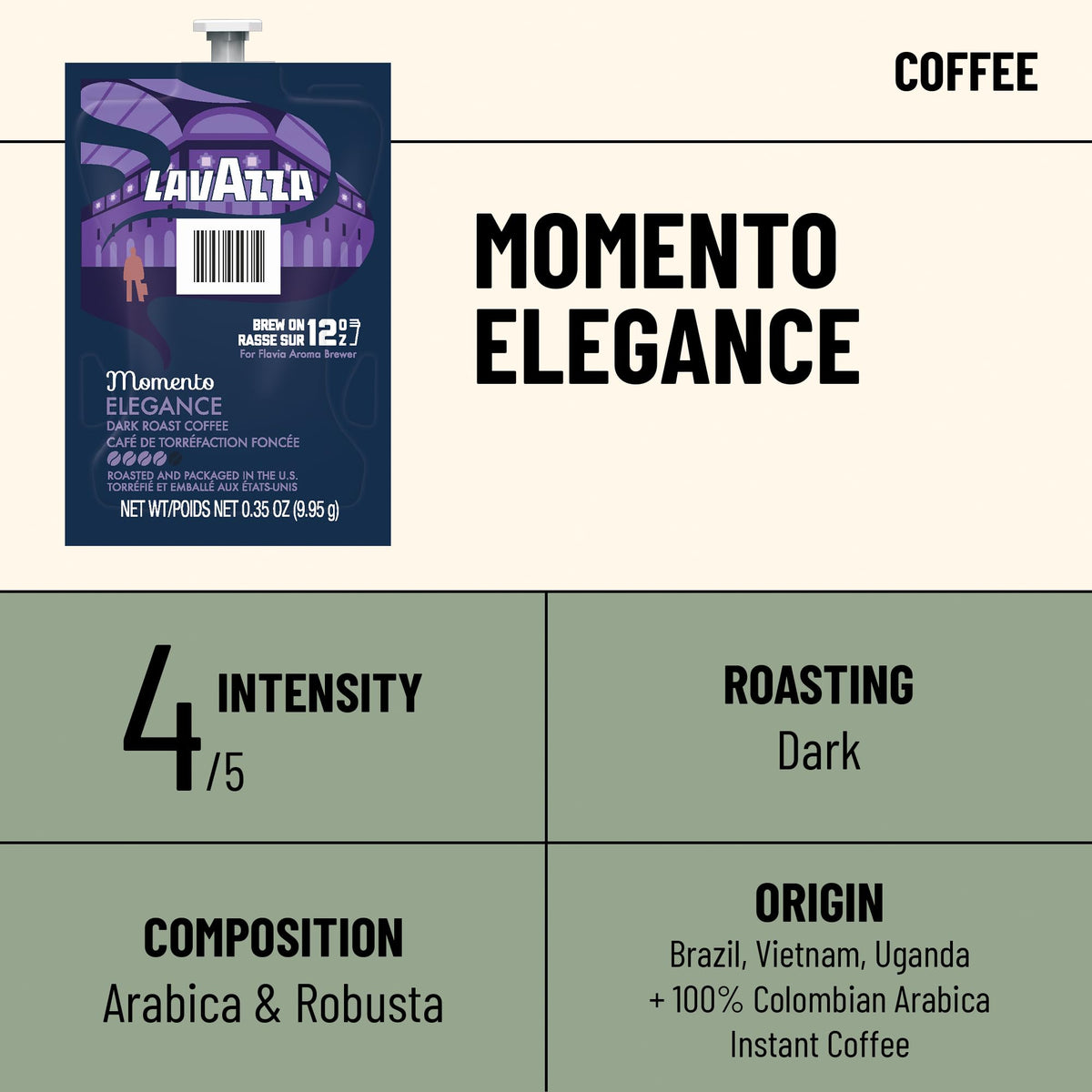 Flavia Lavazza Momento Elegance 12oz Freshpacks for Flavia Aroma Brewer – Dark Roast (Case of 38)