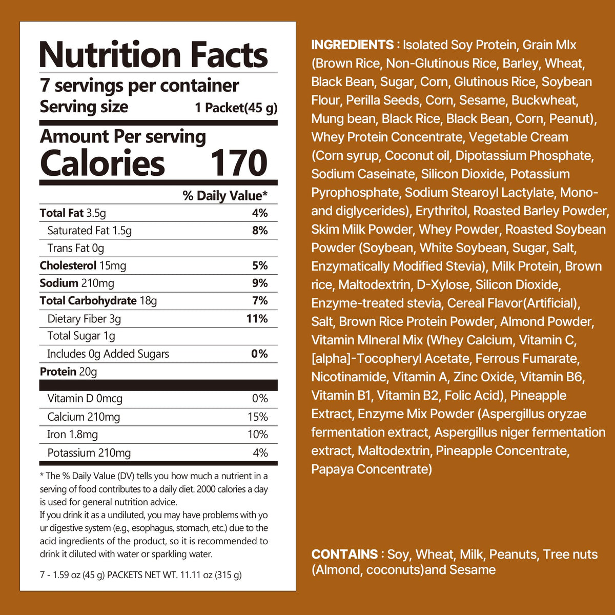 FLIMEAL Brown 17Grains Protein Shake with Crunchy Balls – 20g Protein, Low Sugar, Keto-Friendly, 7 Servings