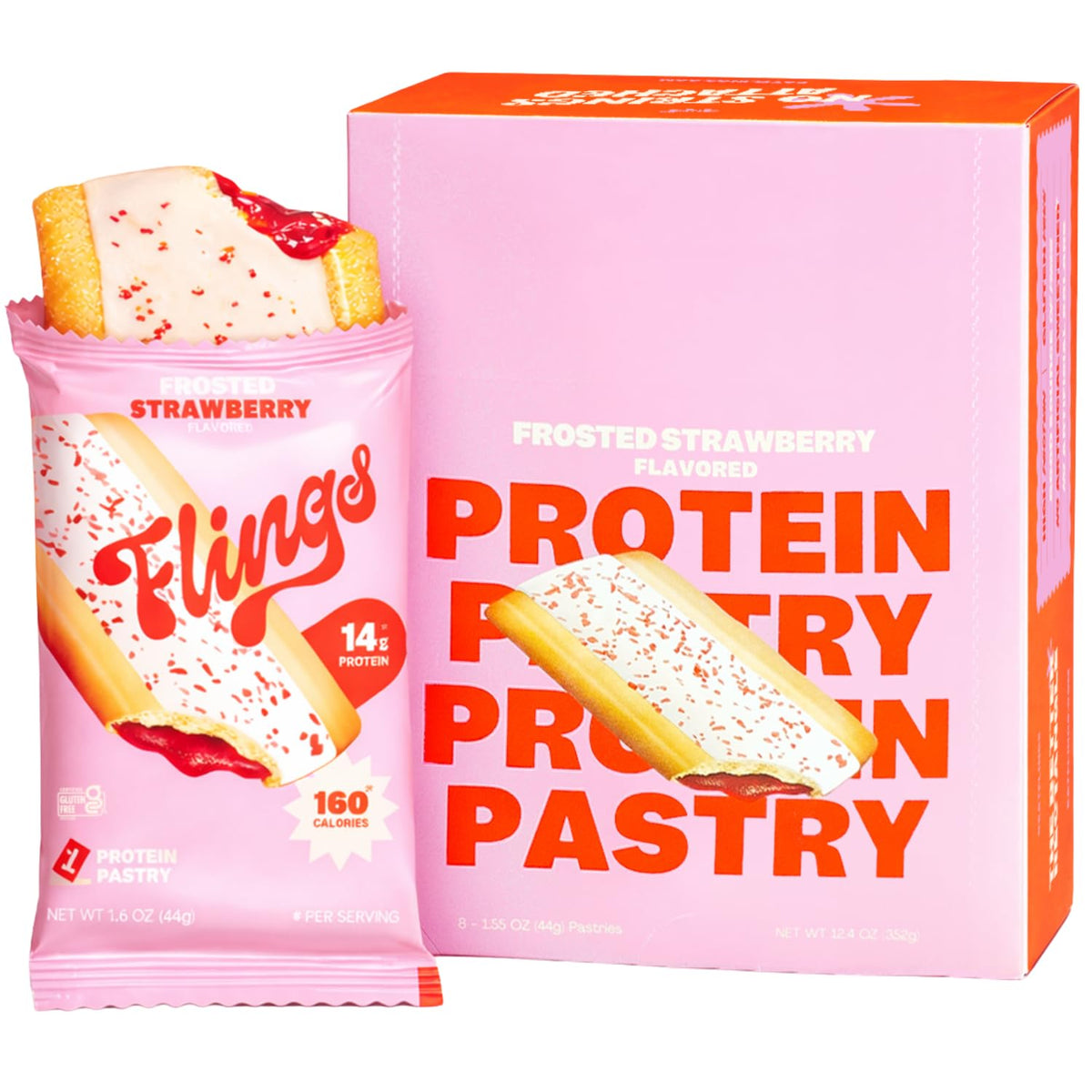FLINGS Protein Pastries – Frosted Strawberry, 14g Protein, 160 Calories – Gluten Free, 8 Pack