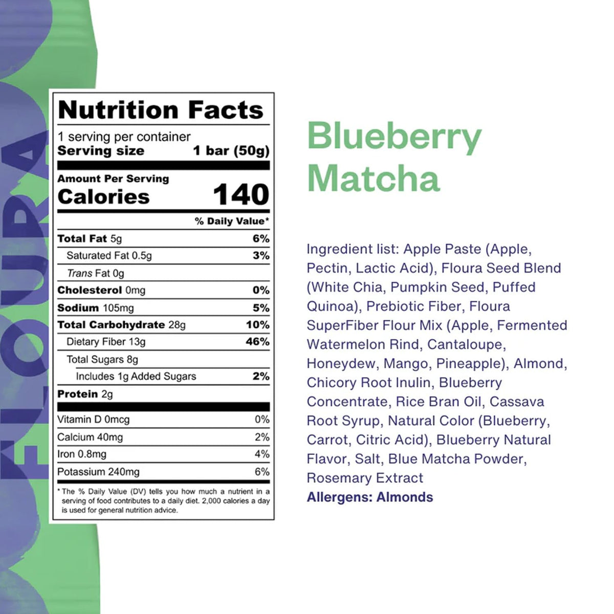 Floura Blueberry Matcha Fiber Bars - Vegan, Gluten & Dairy Free High Fiber Snack (10 Pack)