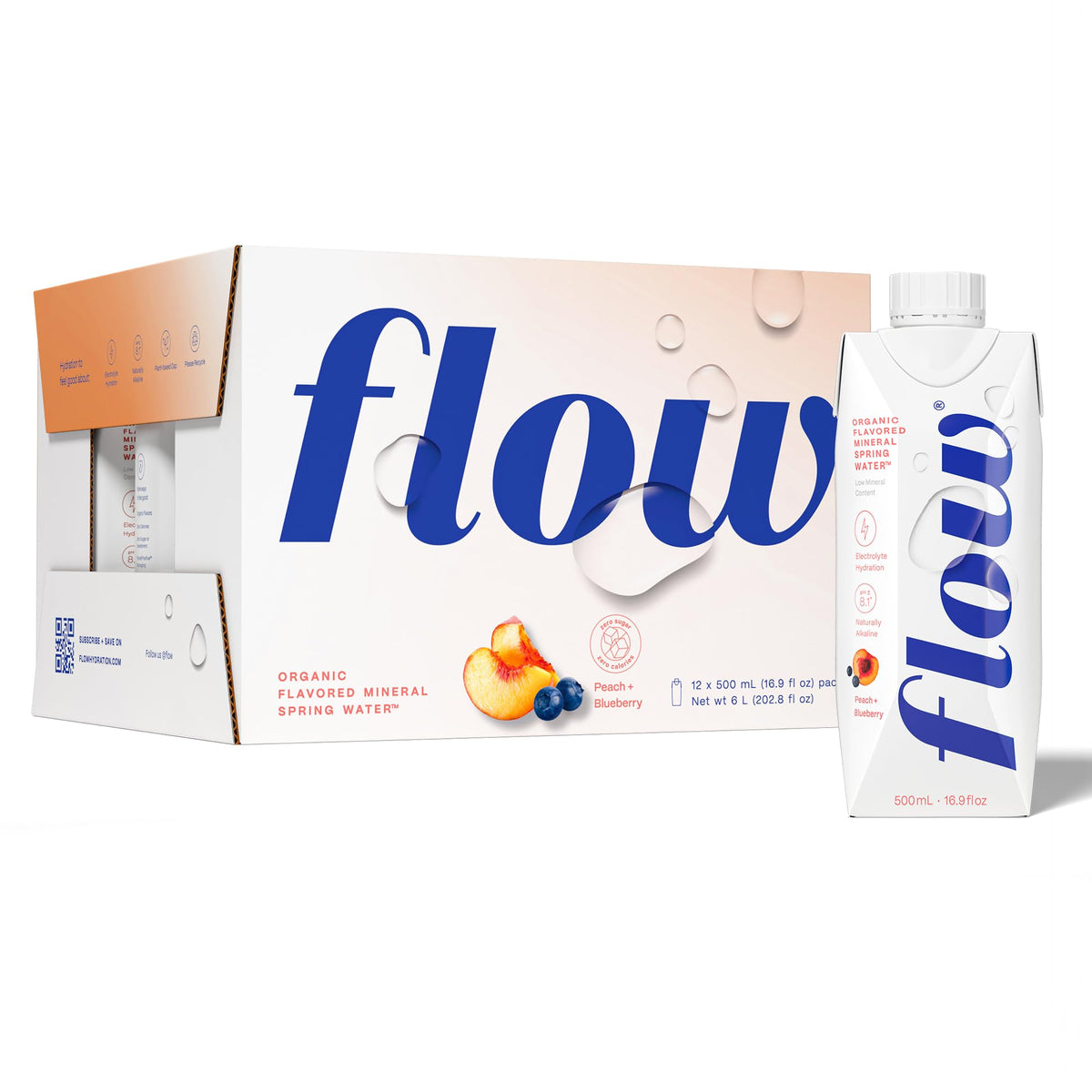 Flow Mineral Spring Water: Organic Peach + Blueberry, 12 Pack (16.9 oz) — Naturally Alkaline with Electrolytes