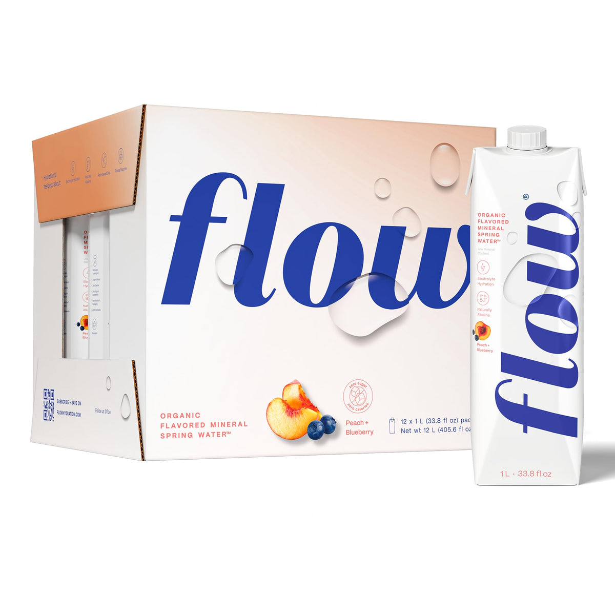 Flow Mineral Spring Water – Organic Peach & Blueberry, 12 Pack | pH 8.1, Electrolytes, Zero Sugar