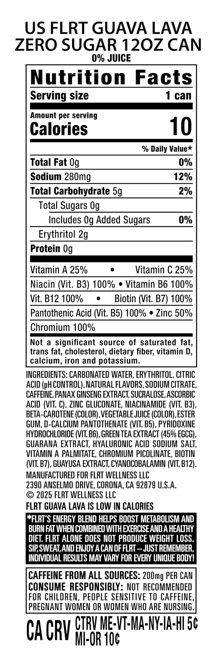 FLRT Energy Guava Lava — Sugar-Free, 200mg Caffeine, 10 Calories, 12 Fl Oz Cans (Pack of 12)