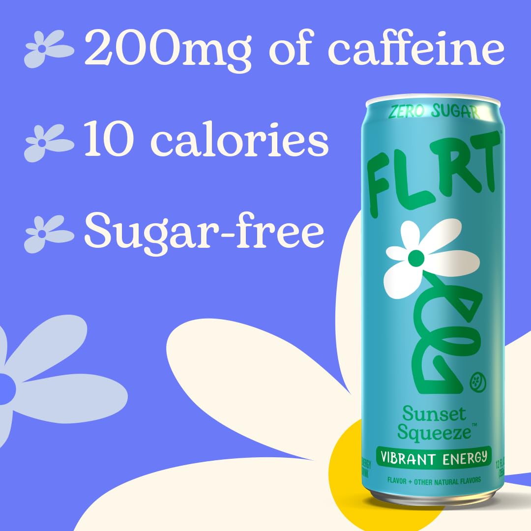 FLRT Sunset Squeeze Energy Drink – Sugar-Free, 200 mg Caffeine, Clean Energy | 12 Fl Oz (Pack of 12)