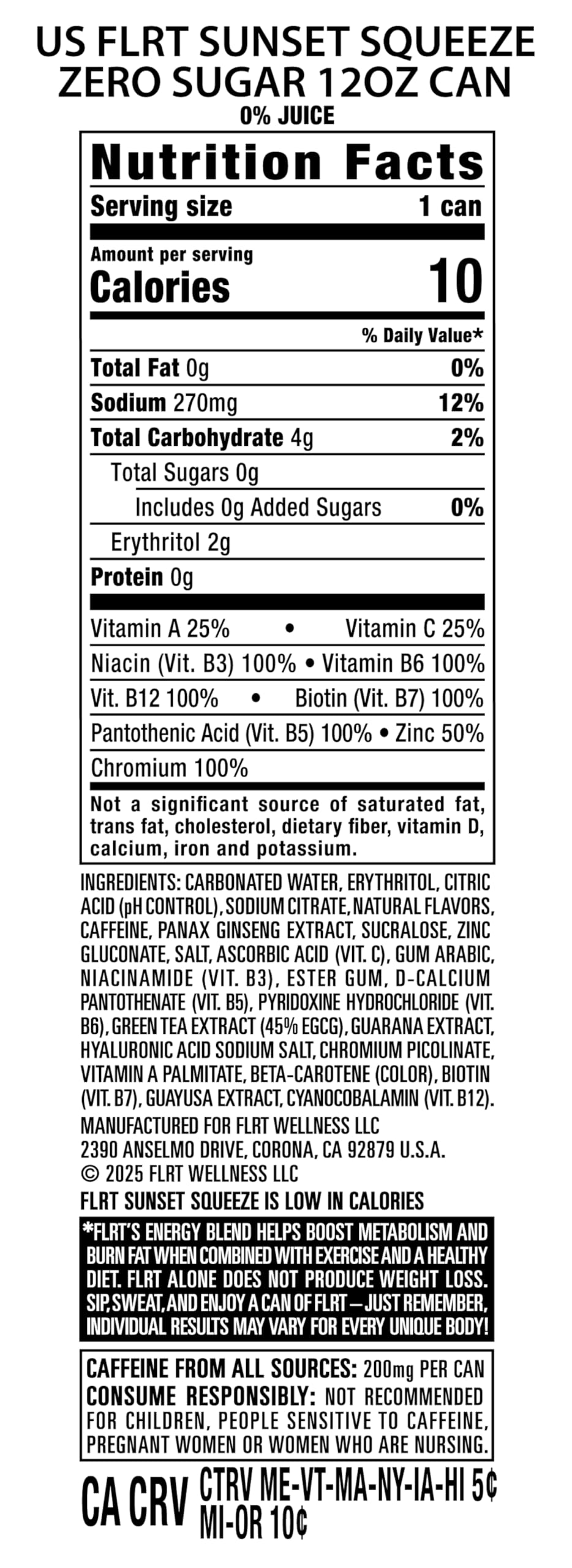 FLRT Sunset Squeeze Energy Drink – Sugar-Free, 200 mg Caffeine, Clean Energy | 12 Fl Oz (Pack of 12)