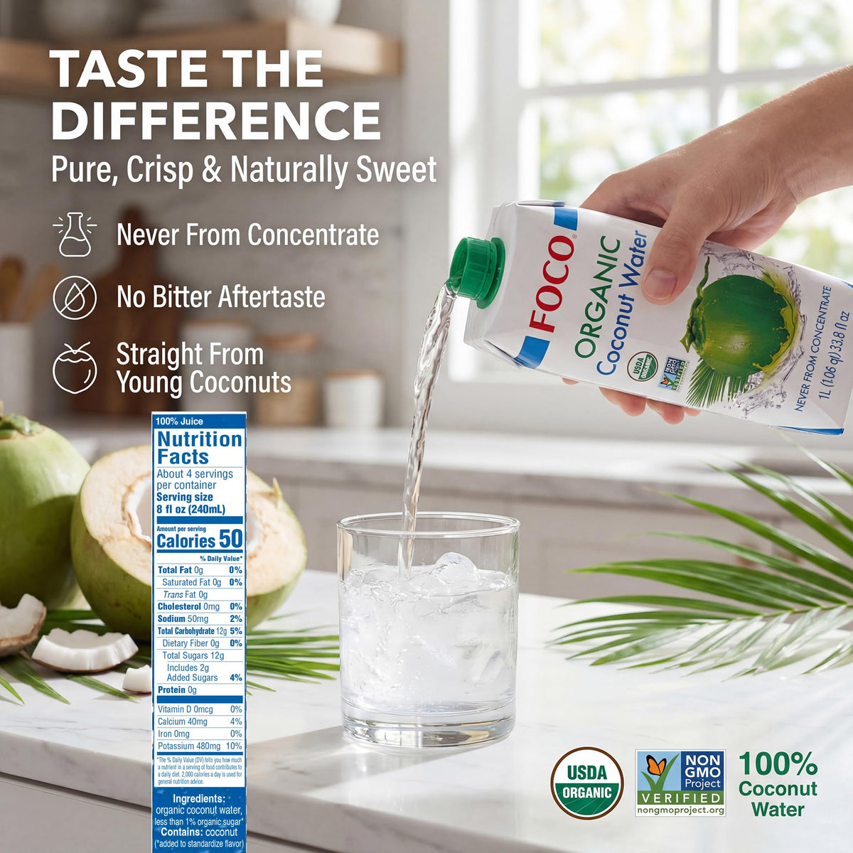 FOCO Coconut Water 33.8 Fl Oz – Pack of 6, Certified Organic, Never From Concentrate