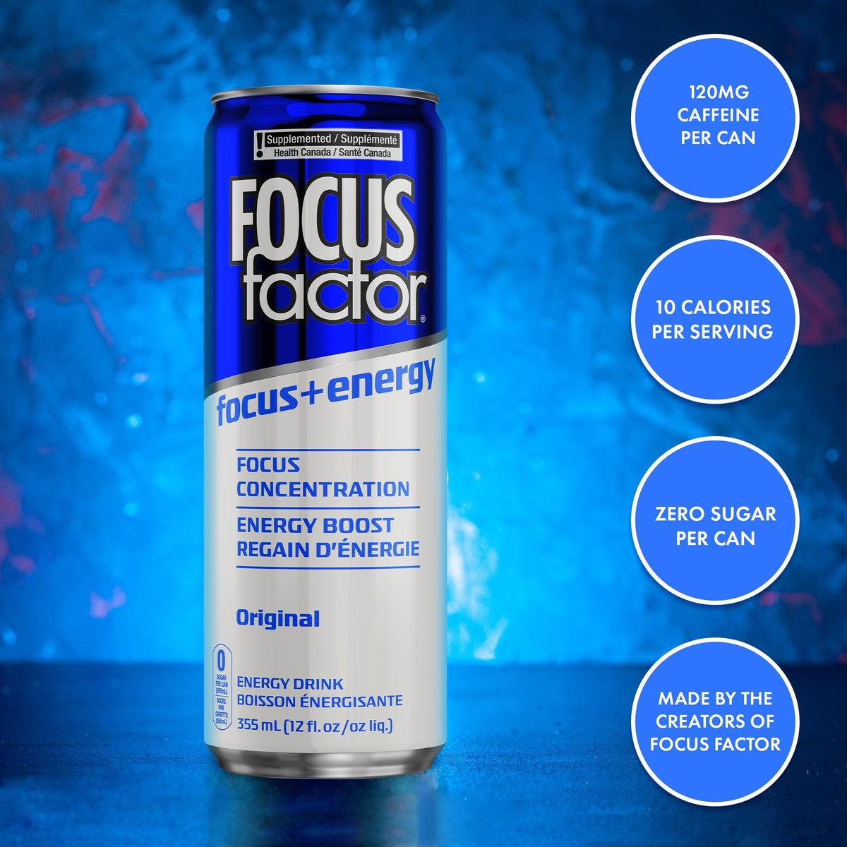 Focus Factor Energy Drink Original - Sugar Free, Low Calorie, Vitamin B6 & B12 - 12 x 355ml