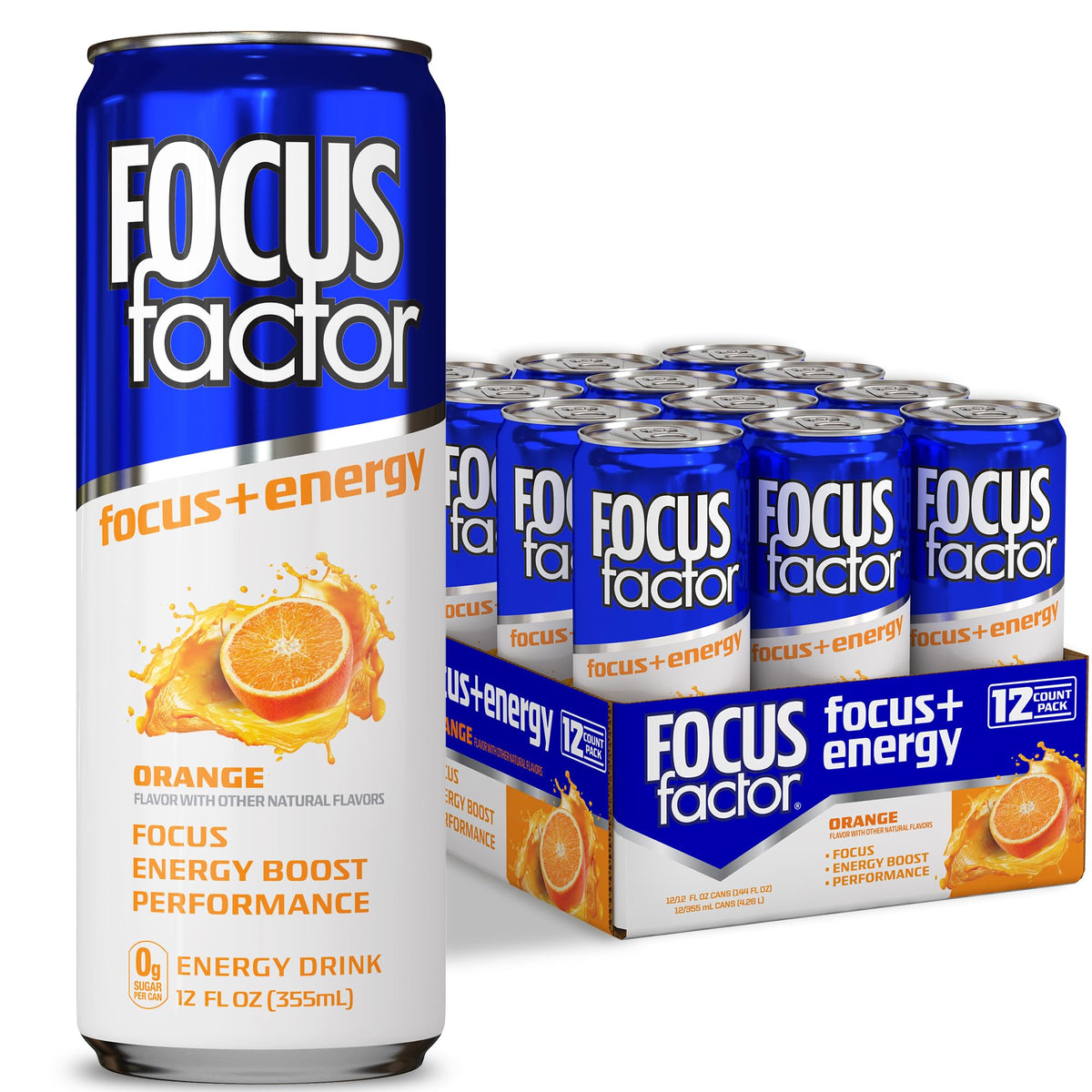 Focus Factor Energy Drink Orange – 12x355ml Cans | Sugar Free, Low Calorie