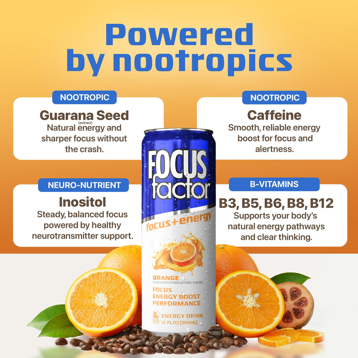 Focus Factor Energy Drink Orange – 12x355ml Cans | Sugar Free, Low Calorie