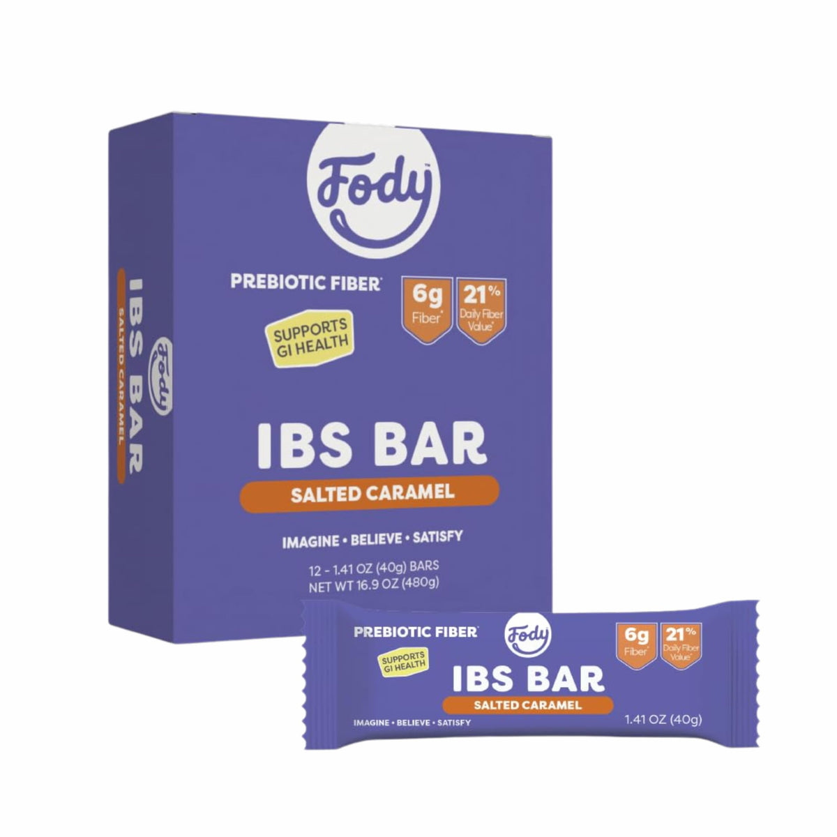 Fody Salted Caramel IBS Snack Bars — Pack of 12, 6g Prebiotic Fiber, Low FODMAP, Gluten & Lactose Free