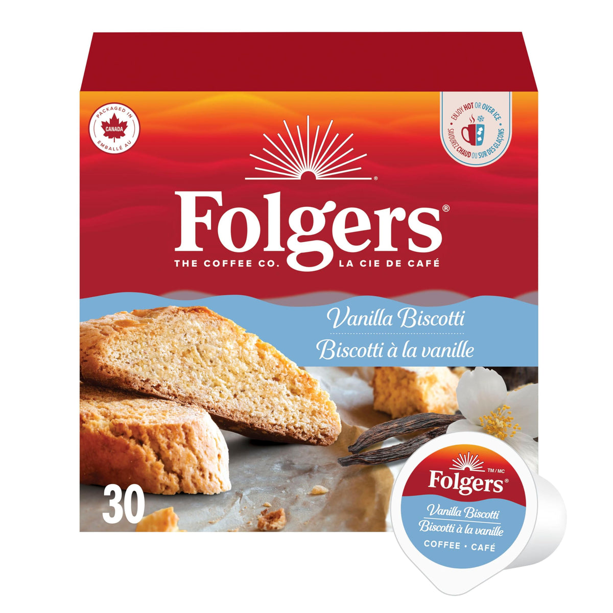 Folgers Vanilla Biscotti K-Cups – 30 Count, 270 g / 9.5 oz Box (Imported from Canada)