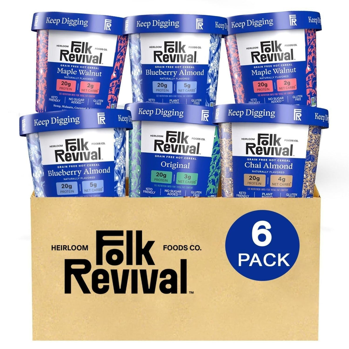 Folk Revival Keto Instant Oatmeal Variety Pack – 20g Protein, Low Carb, High Fiber, 6 Cups