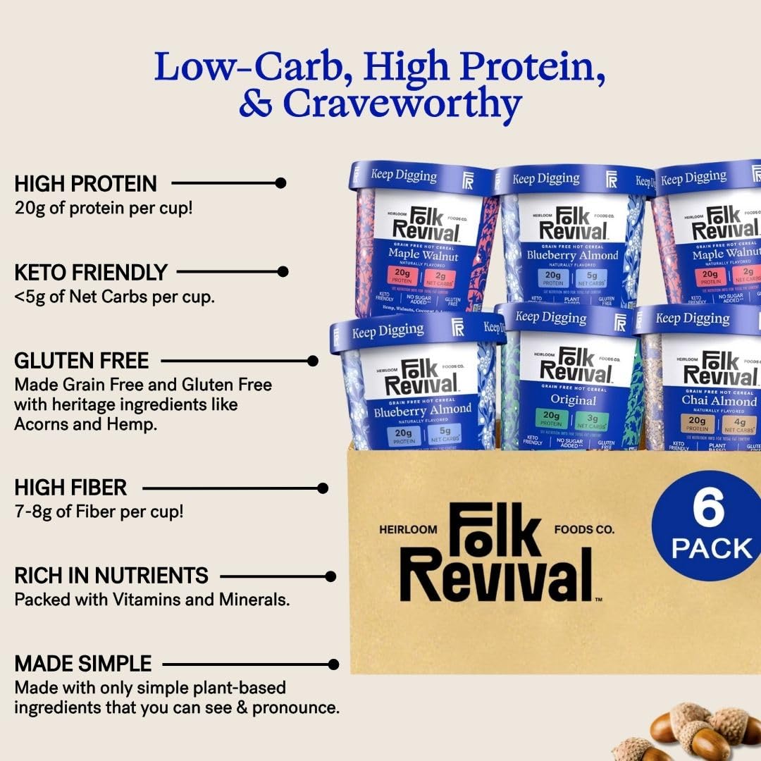 Folk Revival Keto Instant Oatmeal Variety Pack – 20g Protein, Low Carb, High Fiber, 6 Cups