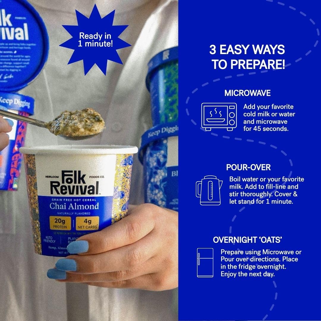 Folk Revival Keto Instant Oatmeal Variety Pack – 20g Protein, Low Carb, High Fiber, 6 Cups