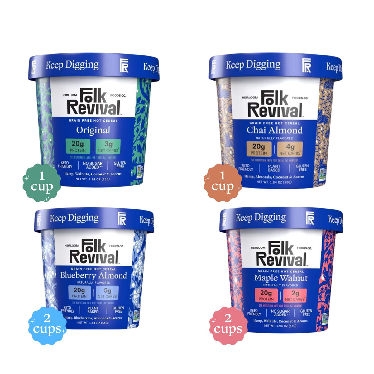 Folk Revival Keto Instant Oatmeal Variety Pack – 20g Protein, Low Carb, High Fiber, 6 Cups