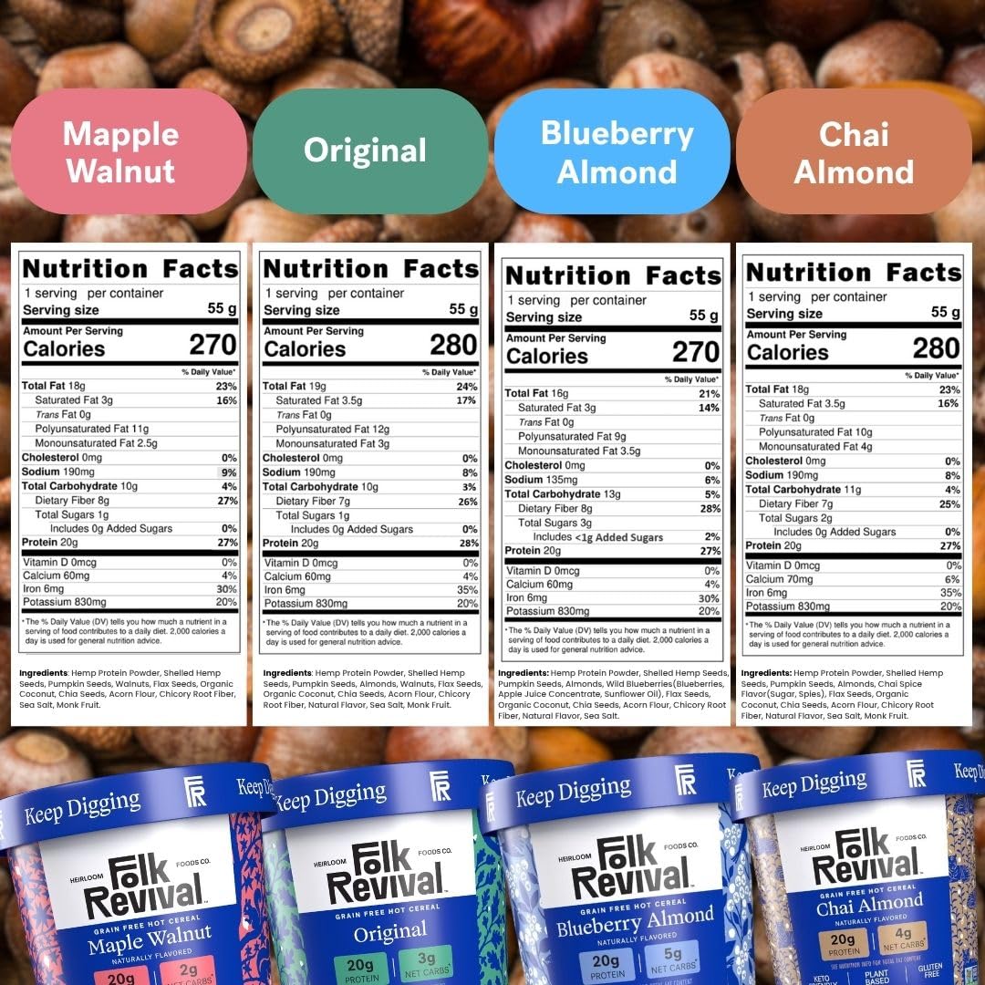 Folk Revival Keto Instant Oatmeal Variety Pack – 20g Protein, Low Carb, High Fiber, 6 Cups