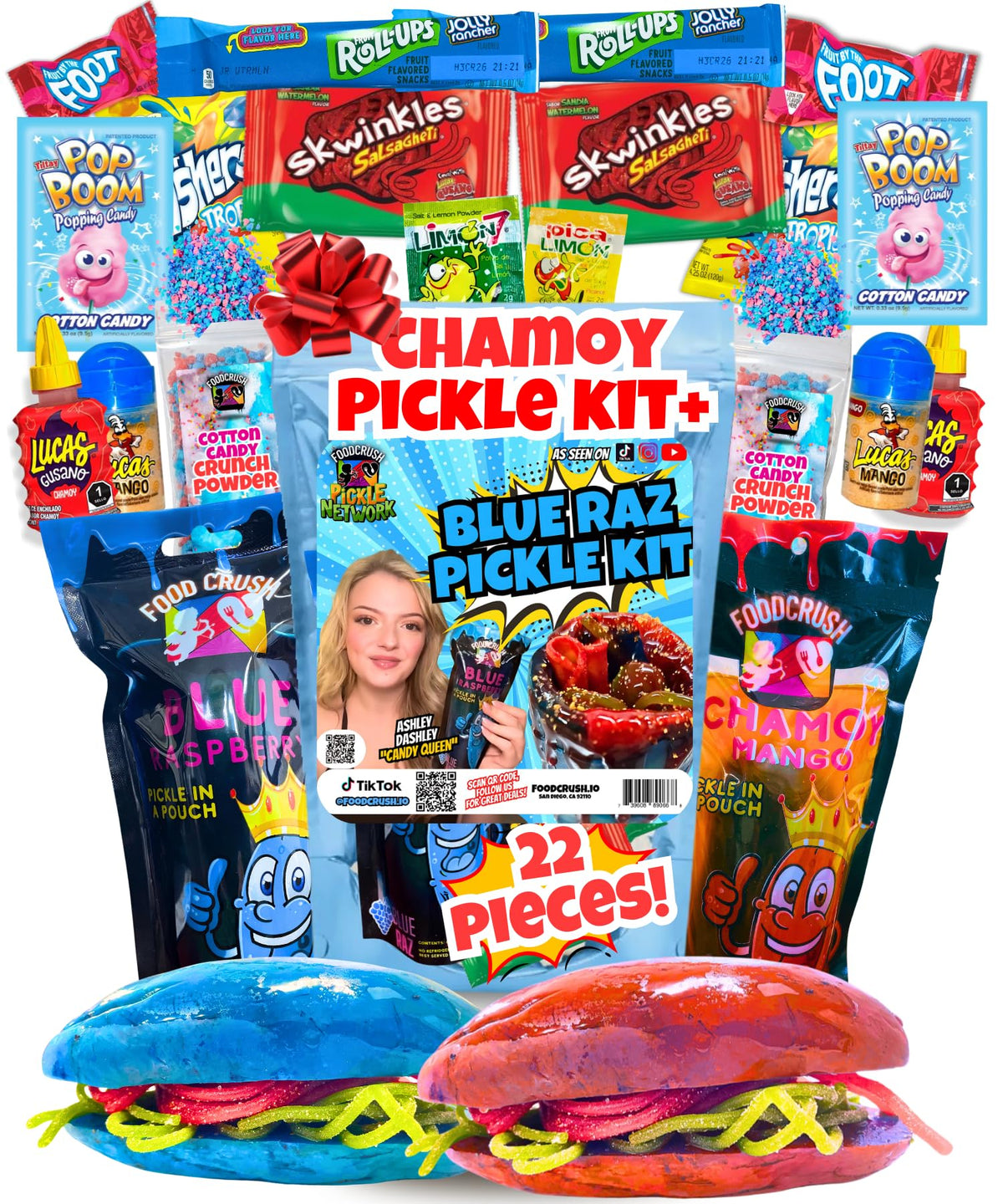 Food Crush Chamoy Pickle Kit For 2 + Blue Raspberry Pickle Kit – 22 Pieces | TikTok Candy Gift Set