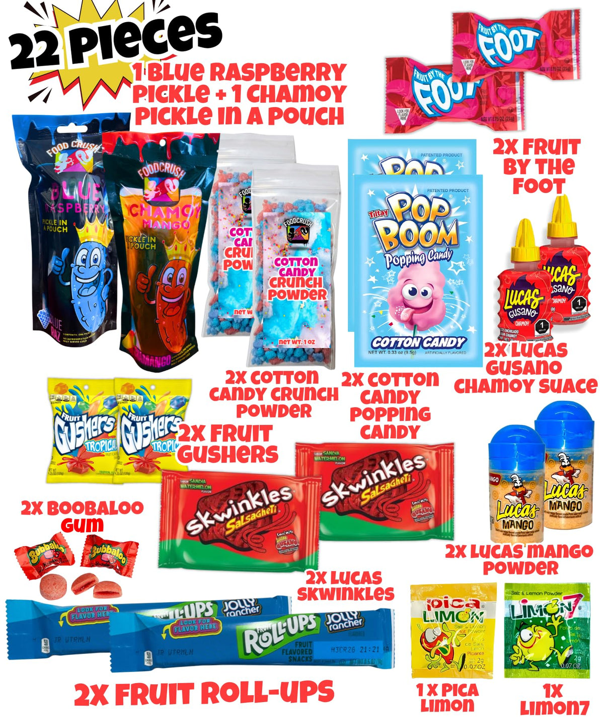 Food Crush Chamoy Pickle Kit For 2 + Blue Raspberry Pickle Kit – 22 Pieces | TikTok Candy Gift Set