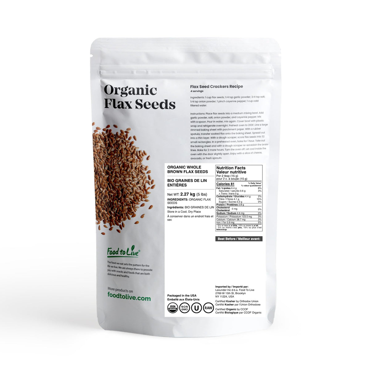 Food to Live Organic Brown Flax Seeds, 5 lb – Whole Raw, Non-GMO, Kosher, Vegan