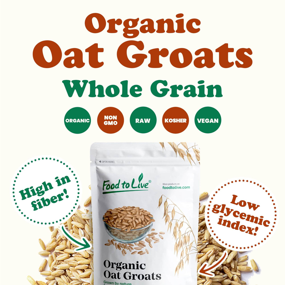 Food to Live Organic Oat Groats – 5 lb Bulk, Whole Grain, Non-GMO, Kosher